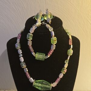Green and Pink Beaded Necklace Set